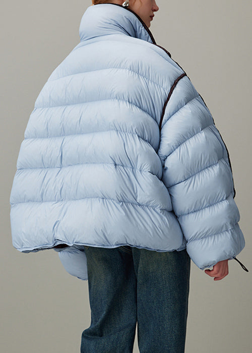 Abrigo acolchado de plumón de pato azul holgado con cuello alto, cremallera y cordón ajustable para invierno
