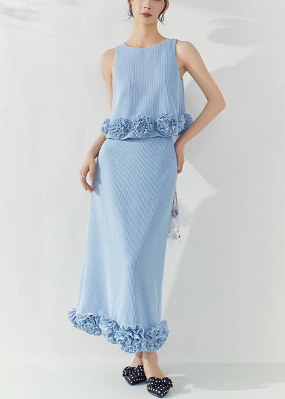 Loose Blue Striped Floral Solid Tank And Skirts Two Piece Set Sleeveless