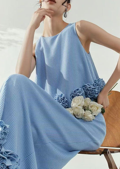 Loose Blue Striped Floral Solid Tank And Skirts Two Piece Set Sleeveless