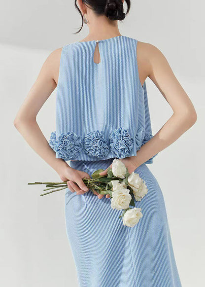Loose Blue Striped Floral Solid Tank And Skirts Two Piece Set Sleeveless