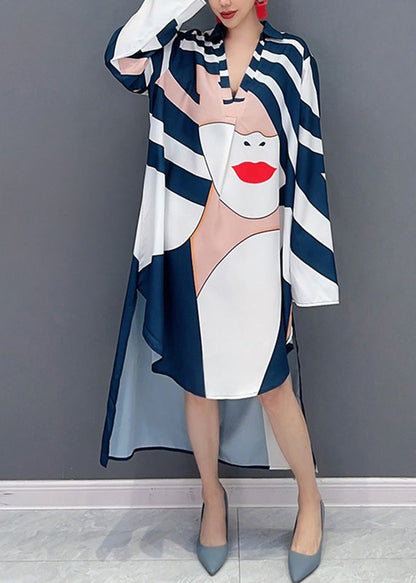 Loose Blue Striped V Neck Low High Design Maxi Dresses Fall