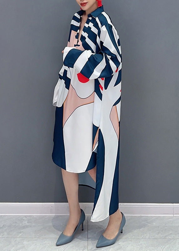 Loose Blue Striped V Neck Low High Design Maxi Dresses Fall