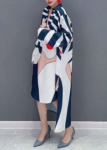 Loose Blue Striped V Neck Low High Design Maxi Dresses Fall