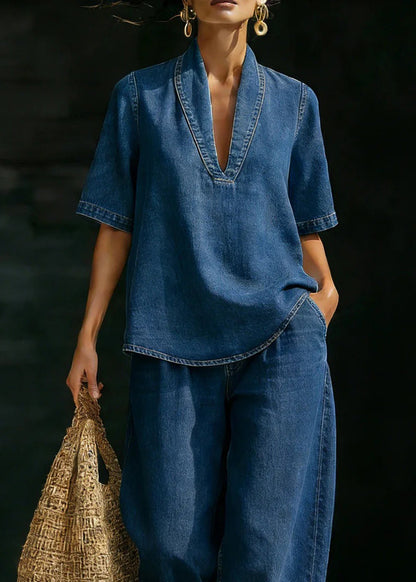 Loose Blue V Neck Denim Two Pieces Set Summer