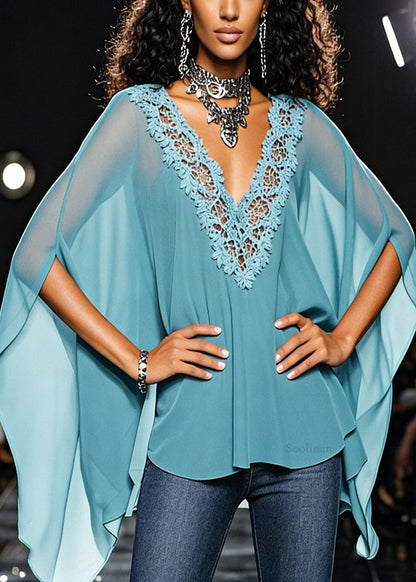 Loose Blue V Neck Hollow Out Lace Chiffon Top Batwing Sleeve