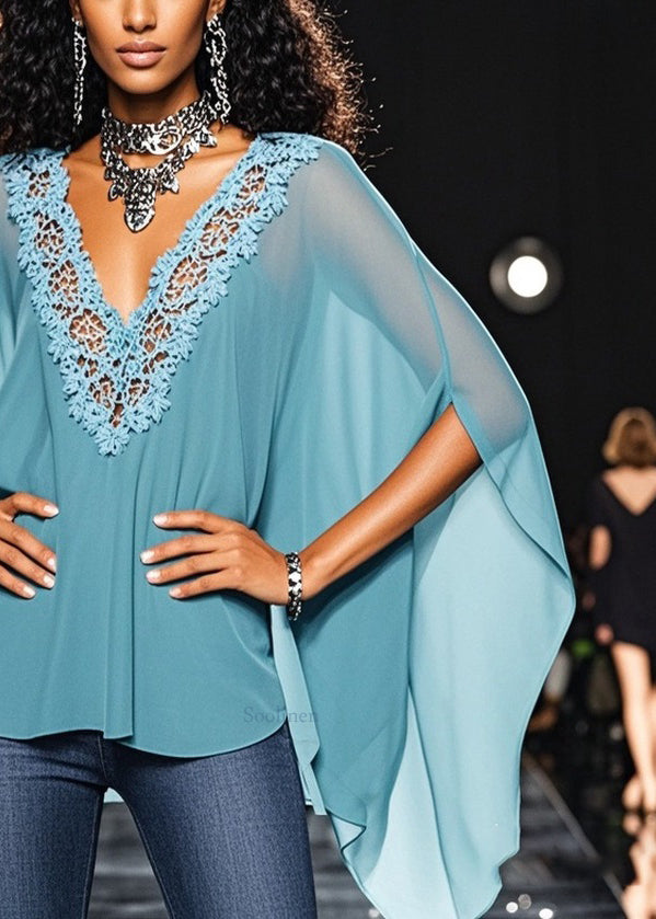 Loose Blue V Neck Hollow Out Lace Chiffon Top Batwing Sleeve