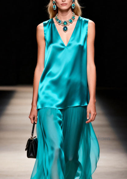Loose Blue V Neck Patchwork False Two Pieces Silk Dresses Sleeveless