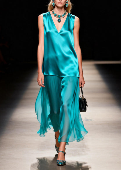 Loose Blue V Neck Patchwork False Two Pieces Silk Dresses Sleeveless