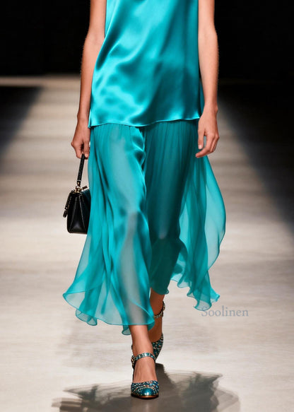 Loose Blue V Neck Patchwork False Two Pieces Silk Dresses Sleeveless