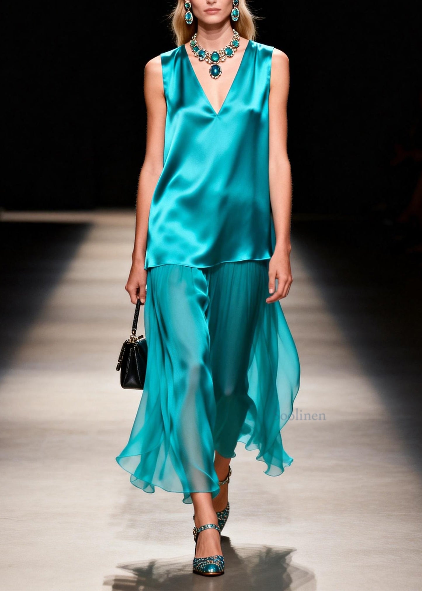 Loose Blue V Neck Patchwork False Two Pieces Silk Dresses Sleeveless