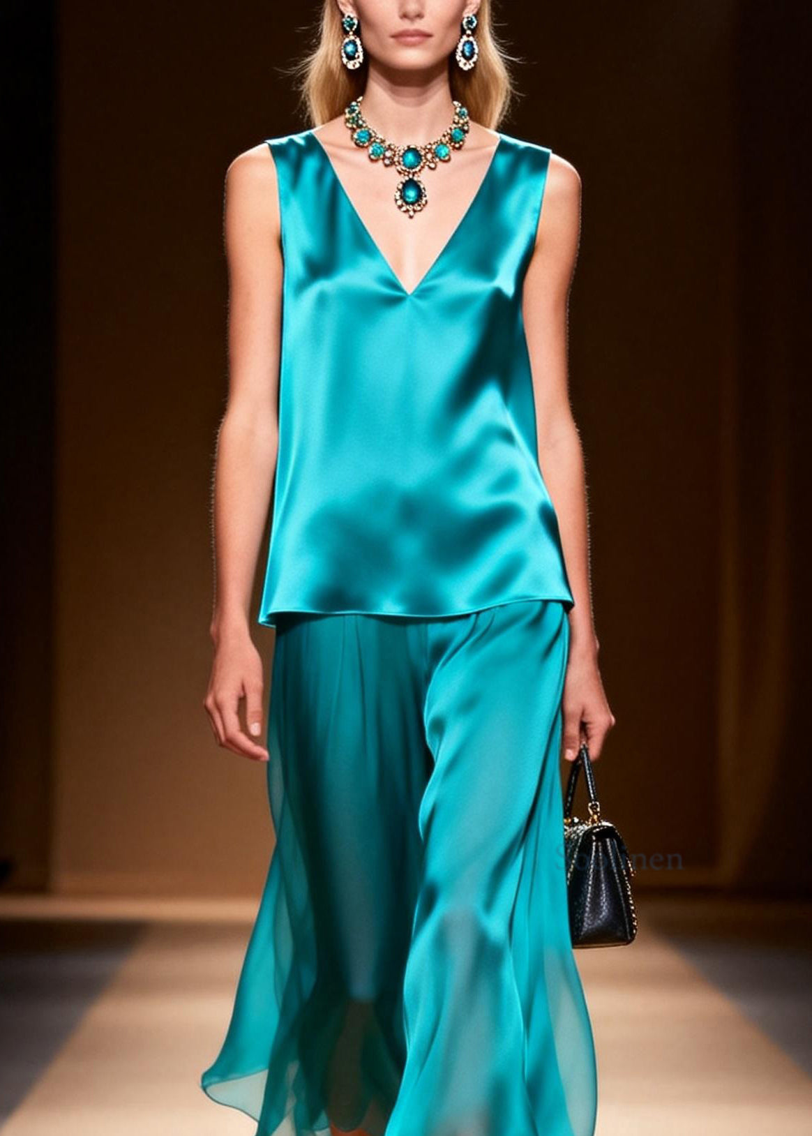 Loose Blue V Neck Patchwork False Two Pieces Silk Long Dresses Sleeveless