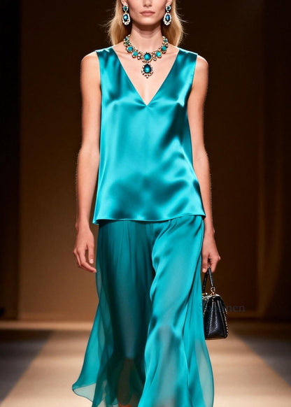 Loose Blue V Neck Patchwork False Two Pieces Silk Long Dresses Sleeveless