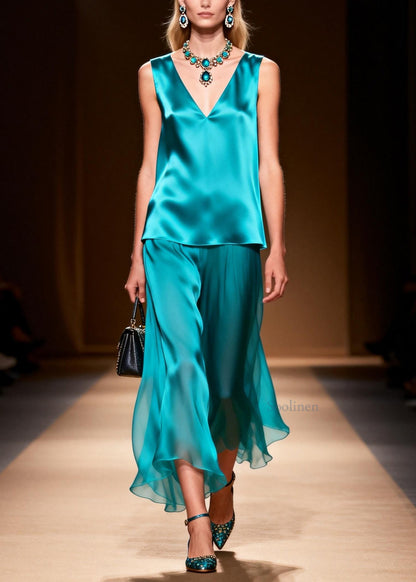 Loose Blue V Neck Patchwork False Two Pieces Silk Long Dresses Sleeveless