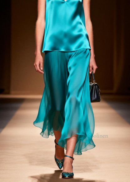 Loose Blue V Neck Patchwork False Two Pieces Silk Long Dresses Sleeveless