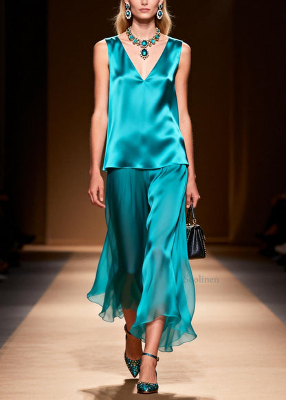 Loose Blue V Neck Patchwork False Two Pieces Silk Long Dresses Sleeveless