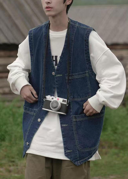 Loose Blue V Neck Pockets Denim Men Waistcoat Sleeveless