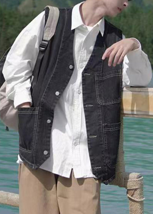 Loose Blue V Neck Pockets Denim Men Waistcoat Sleeveless