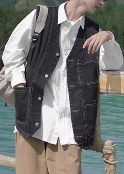 Loose Blue V Neck Pockets Denim Men Waistcoat Sleeveless