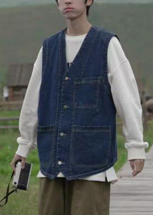 Loose Blue V Neck Pockets Denim Men Waistcoat Sleeveless