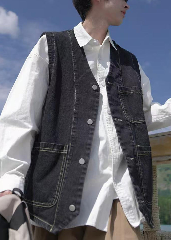Loose Blue V Neck Pockets Denim Men Waistcoat Sleeveless