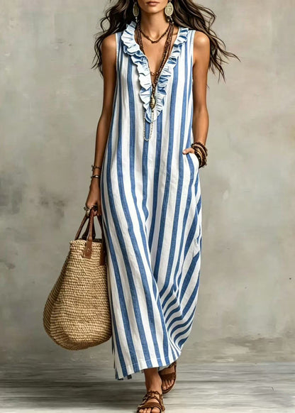 Loose Blue V Neck Ruffled Patchwork Maxi Dresses Sleeveless