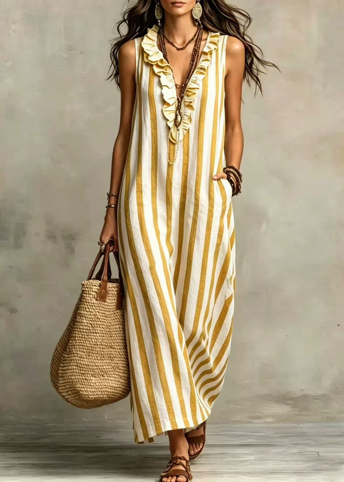 Loose Blue V Neck Ruffled Patchwork Maxi Dresses Sleeveless