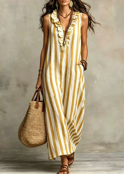 Loose Blue V Neck Ruffled Patchwork Maxi Dresses Sleeveless