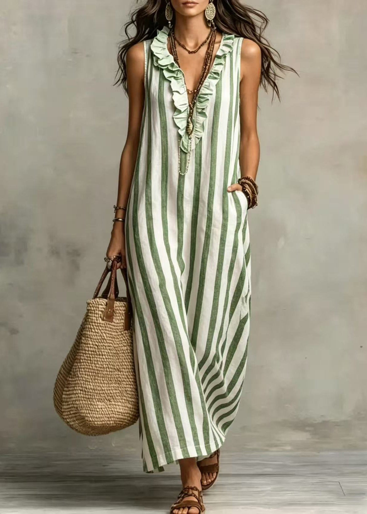 Loose Blue V Neck Ruffled Patchwork Maxi Dresses Sleeveless