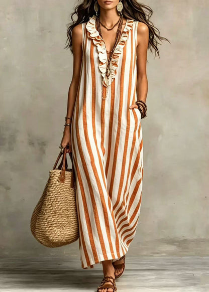 Loose Blue V Neck Ruffled Patchwork Maxi Dresses Sleeveless