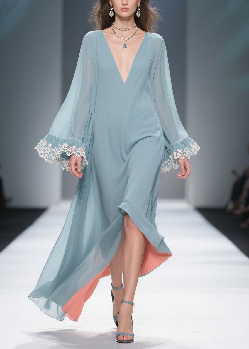 Loose Blue V Neck Solid Chiffon Maxi Dresses Flare Sleeve