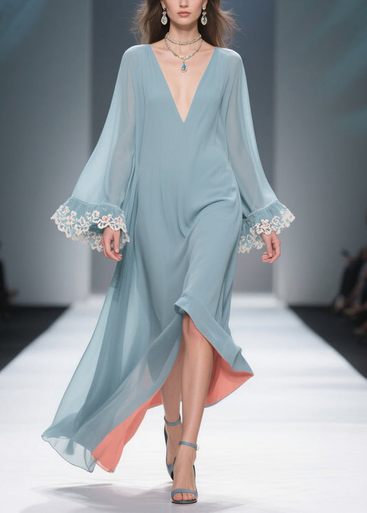 Loose Blue V Neck Solid Chiffon Maxi Dresses Flare Sleeve