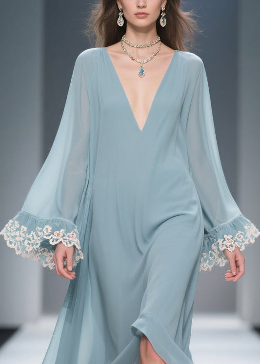 Loose Blue V Neck Solid Chiffon Maxi Dresses Flare Sleeve