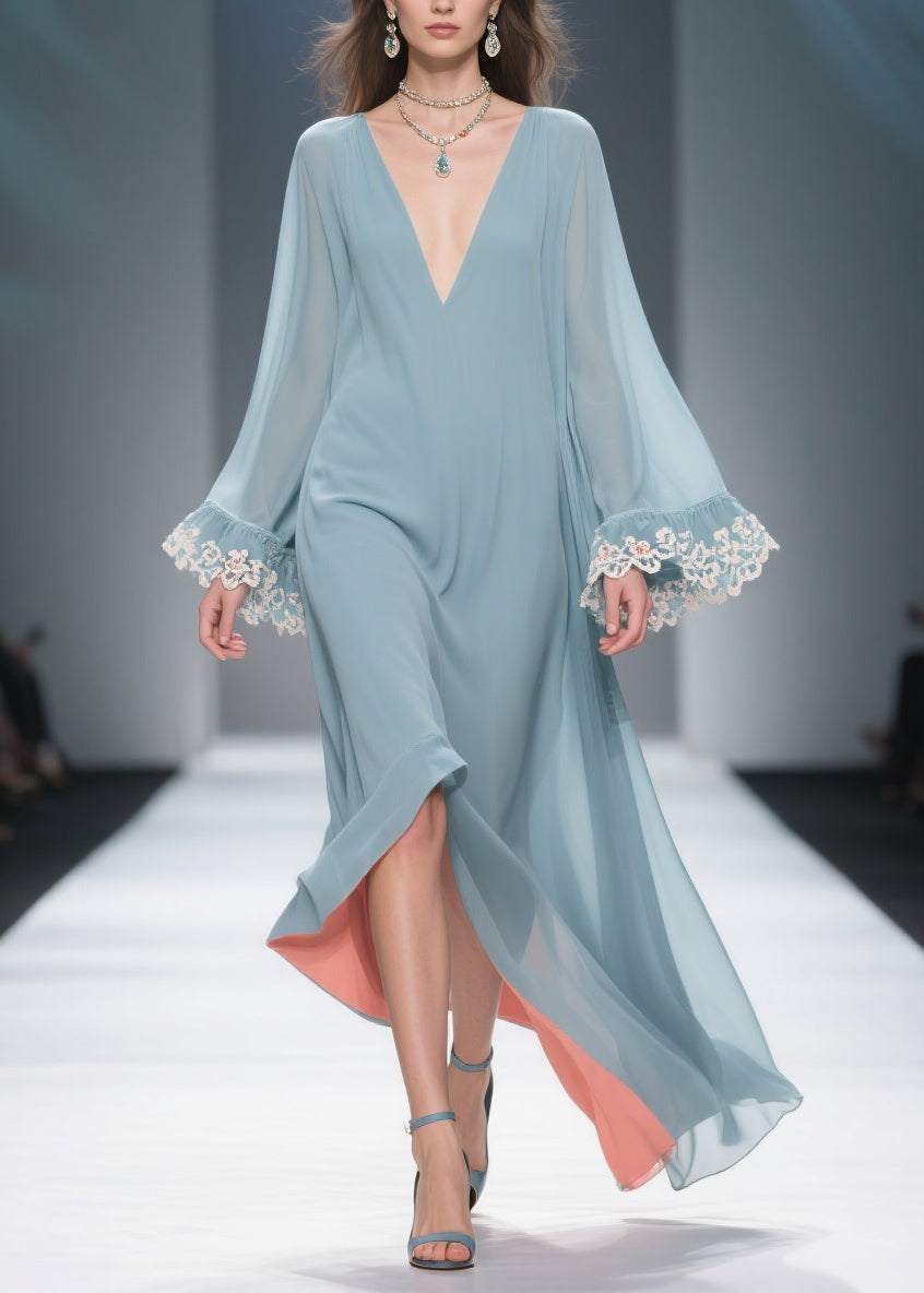 Loose Blue V Neck Solid Chiffon Maxi Dresses Flare Sleeve