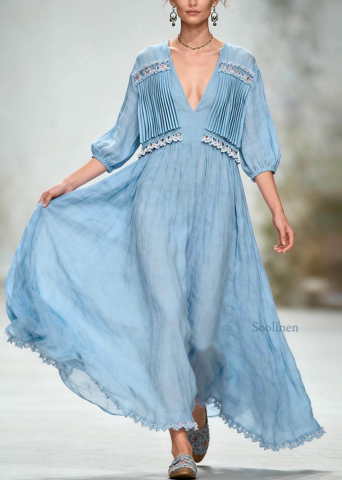 Loose Blue V Neck Wrinkled Patchwork Cotton Long Dress Summer