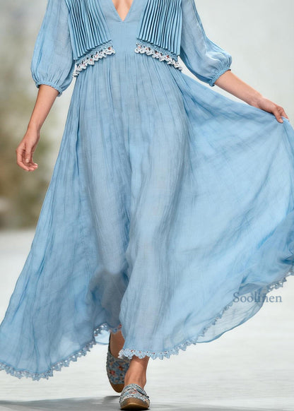 Loose Blue V Neck Wrinkled Patchwork Cotton Long Dress Summer
