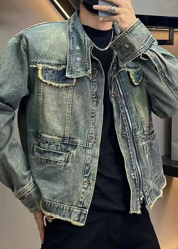 Loose Blue Zippered Button Denim Mens Coats Fall