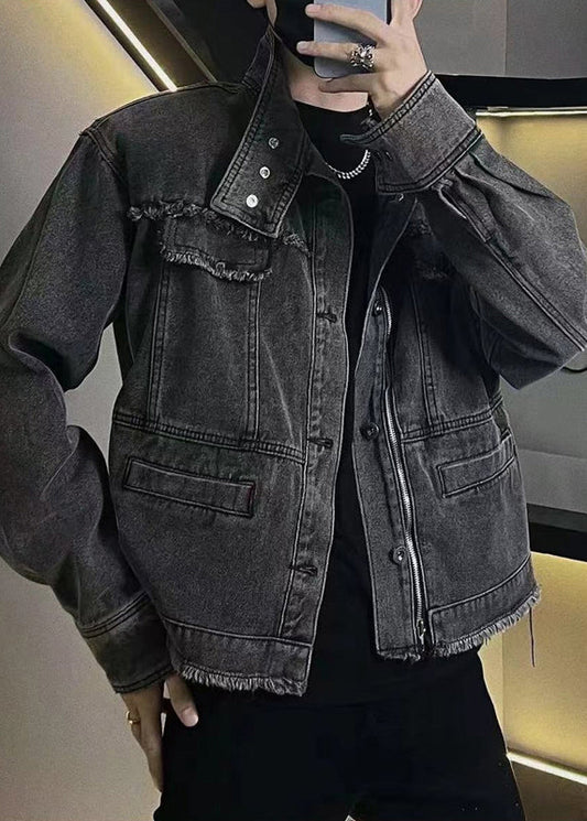 Loose Blue Zippered Button Denim Mens Coats Fall