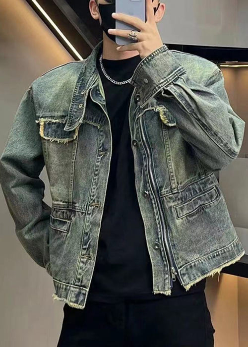 Loose Blue Zippered Button Denim Mens Coats Fall