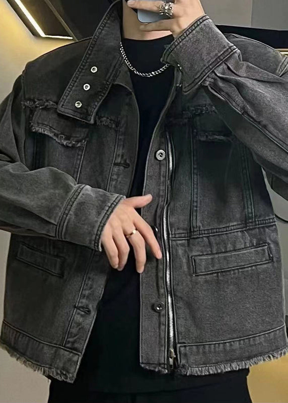 Loose Blue Zippered Button Denim Mens Coats Fall
