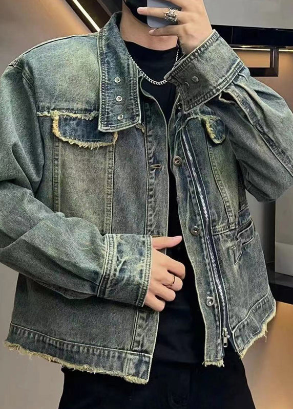 Loose Blue Zippered Button Denim Mens Coats Fall