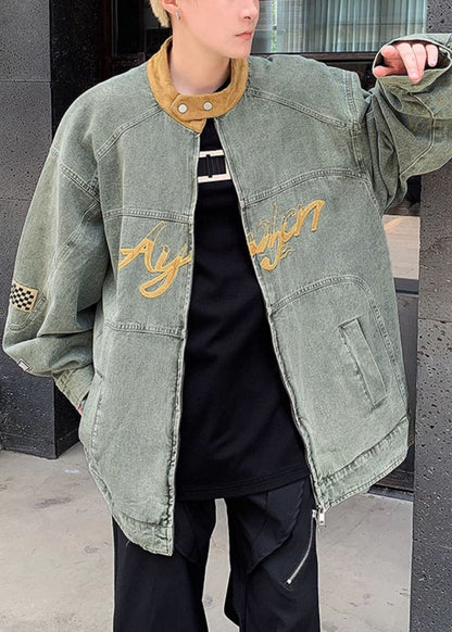Loose Blue Zippered Patchwork Denim Mens Coats Fall