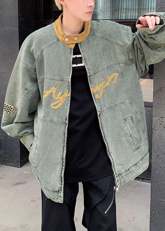 Loose Blue Zippered Patchwork Denim Mens Coats Fall