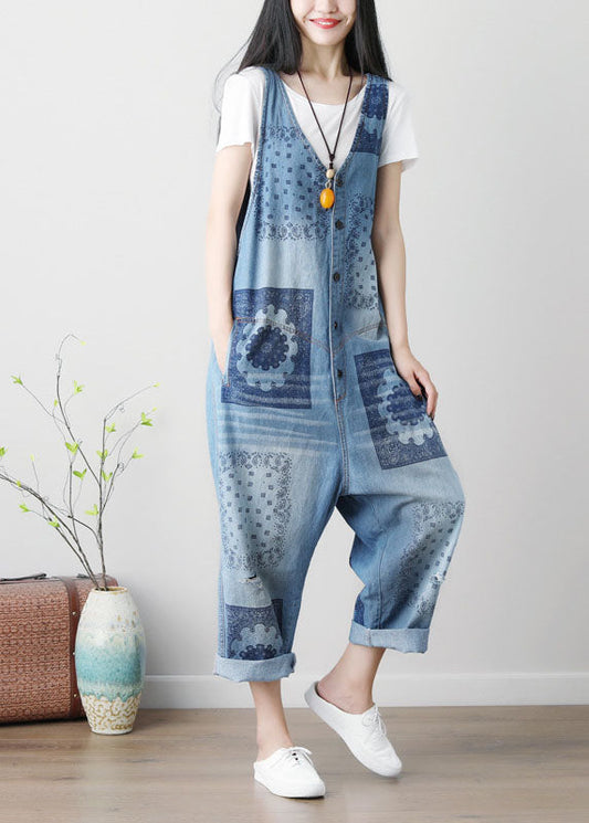 Lose Blau loch V-ausschnitt Print Baumwolle denim Overalls Frühling