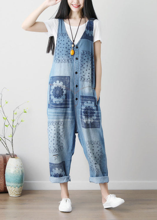 Lose Blau loch V-ausschnitt Print Baumwolle denim Overalls Frühling