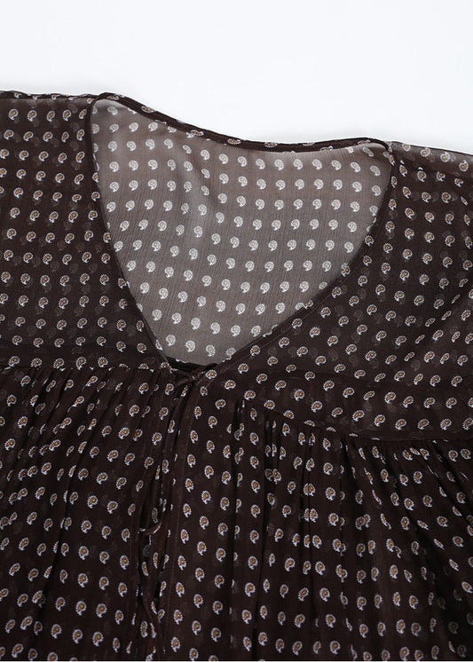 Loose Brown Asymmetrical Wrinkled Print Chiffon Top Summer