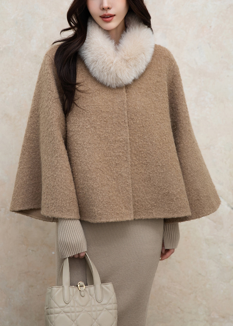Loose Brown Fox Collar Button Solid Woolen Coats Winter