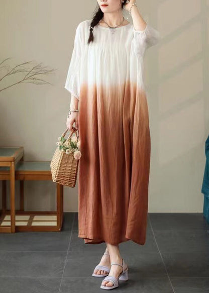 Loose Brown Gradient Color Pockets Cotton Dress Half Sleeve