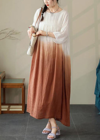 Loose Brown Gradient Color Pockets Cotton Dress Half Sleeve