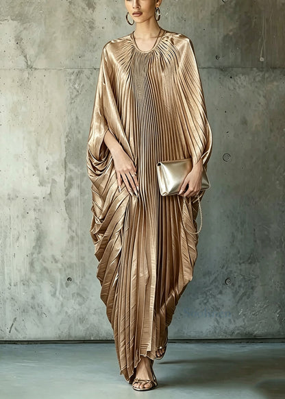 Loose Brown O Neck Wrinkled Silk Long Dress Batwing Sleeve