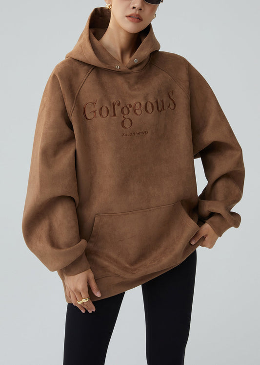 Loose Brown Pockets Patchwork Faux Suede Streetwear Lanter Sleeve